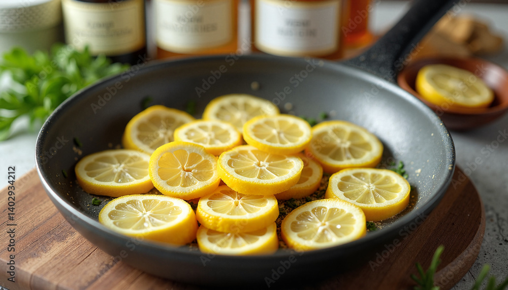 Sliced lemon and ginger on a skillet with green herbs in the background, Herbal tea picking Sliced lemon and ginger on a skillet with green herbs in the background, Herbal tea picking
