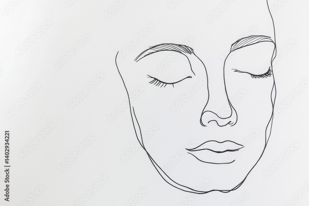 Minimalist black ink line drawing of an abstract face on white paper expressing calm and serenity in modern art style Minimalist black ink line drawing of an abstract face on white paper expressing calm and serenity in modern art style