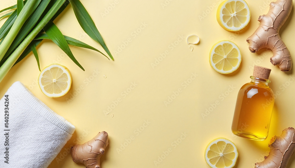 Lemongrass and ginger arrangement with essential oil and lemon slices on yellow background, Herbal tea picking