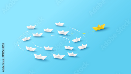 Different business, different thinking, creative idea, business leader and target. Yellow paper boat changing direction from white paper boat Indicates new idea, creative, change for success