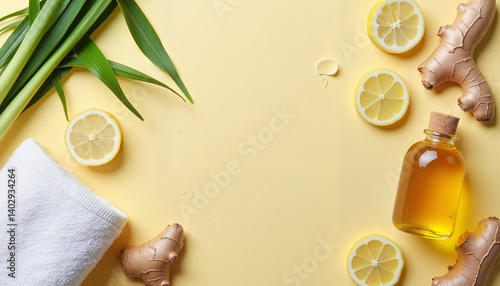 Obraz na płótnie Lemongrass and ginger arrangement with essential oil and lemon slices on yellow background, Herbal tea picking w salonie