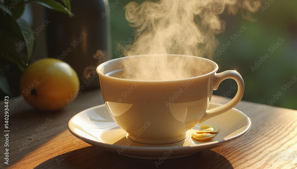 Steaming cup of tea with lemon against a sunlight background