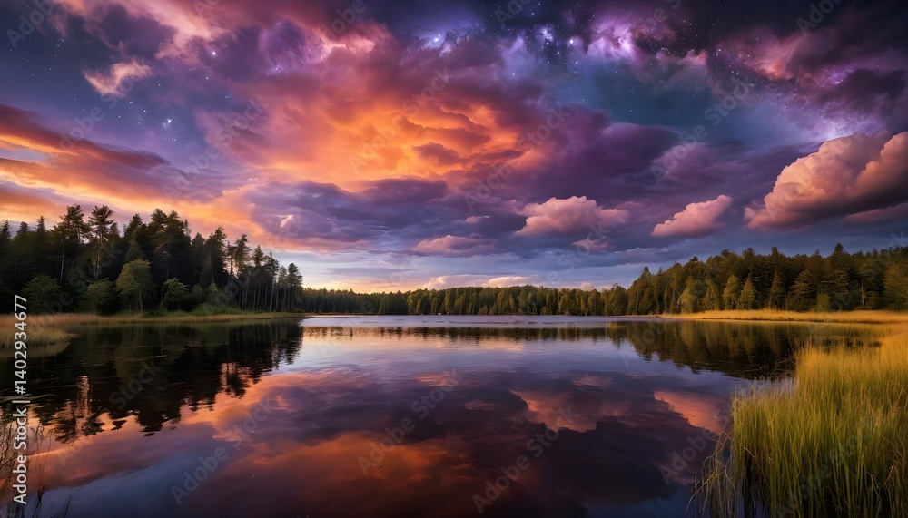 Fototapeta premium Serene Sunset over Still Lake with Starry Night Sky