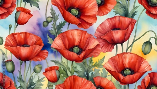 Wallpaper Mural Watercolor Red Poppies Seamless Pattern Torontodigital.ca