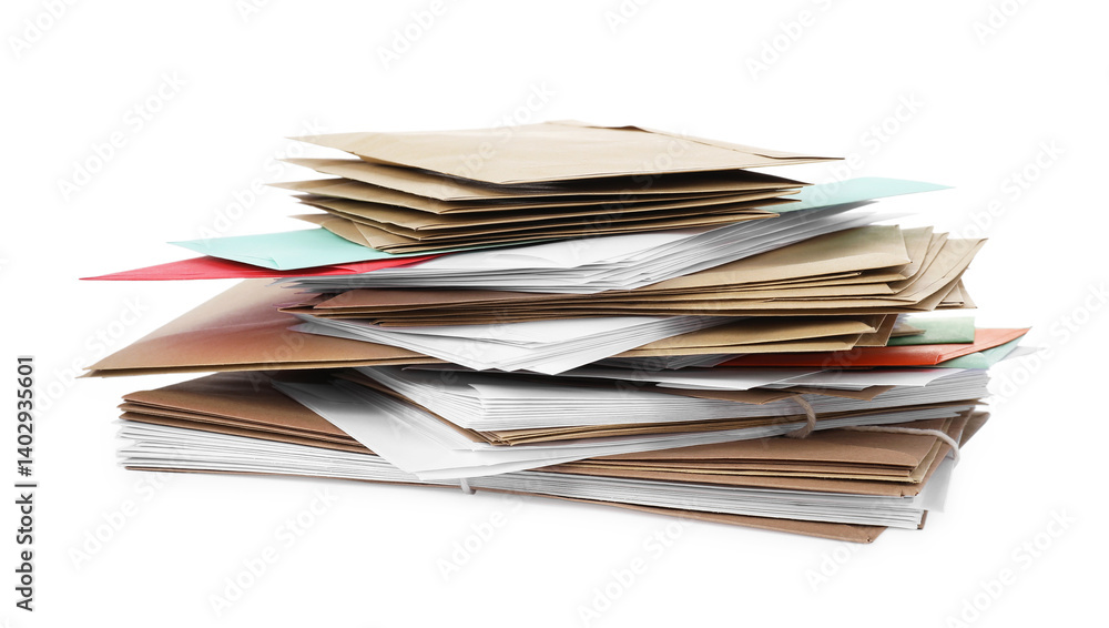 Stack of different paper envelopes on white background. Post office Stack of different paper envelopes on white background. Post office