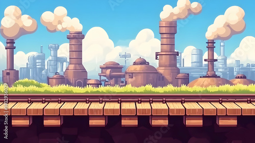 Pixel Art Industrial Factory Landscape with Steam Against a Blue Cloudy Sky and Railroad Tracks Foreground