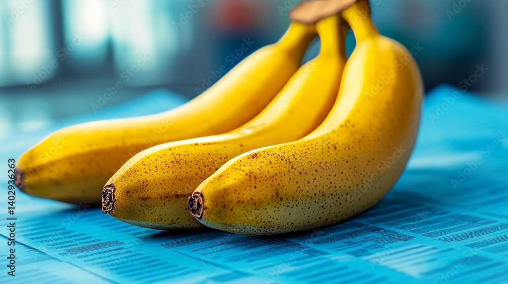 Three yellow bananas symbolizing financial growth on a blue financial report background promoting health and investment