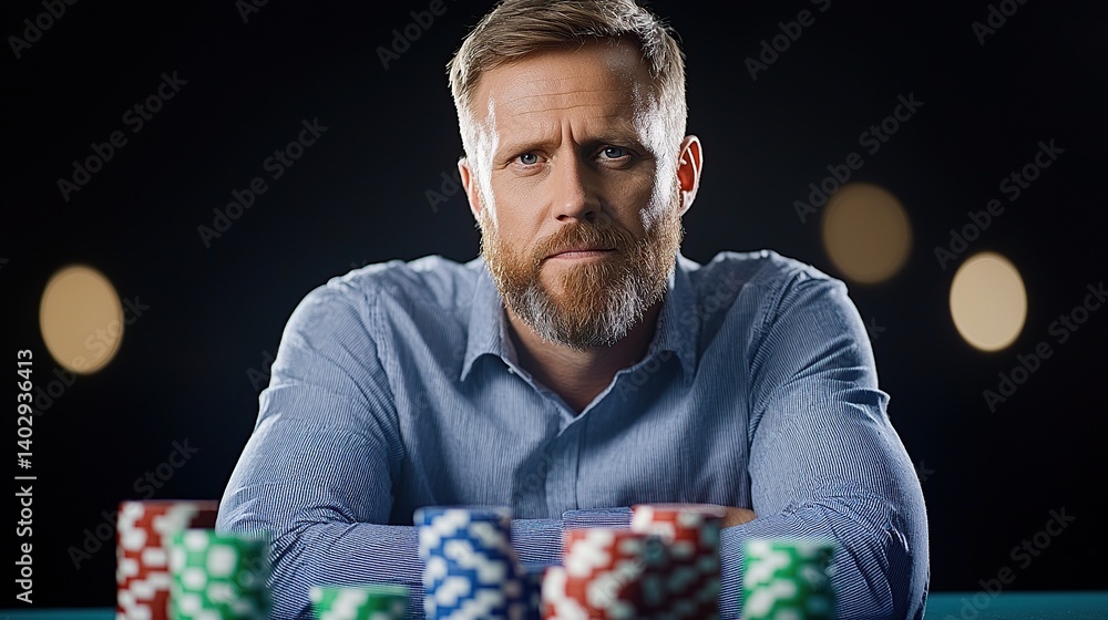 A focused man with a beard sits at a poker table, surrounded by colorful chips, against a dark background with soft bokeh lights. A focused man with a beard sits at a poker table, surrounded by colorful chips, against a dark background with soft bokeh lights.