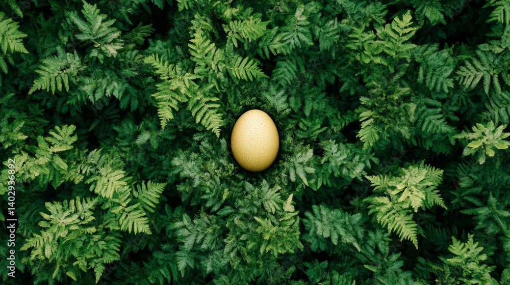 Golden egg hidden in lush green ferns representing nature's treasure and delicate balance perfect for environmental or financial themes