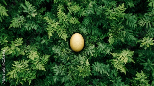 Obraz na płótnie Golden egg hidden in lush green ferns representing nature's treasure and delicate balance perfect for environmental or financial themes w salonie