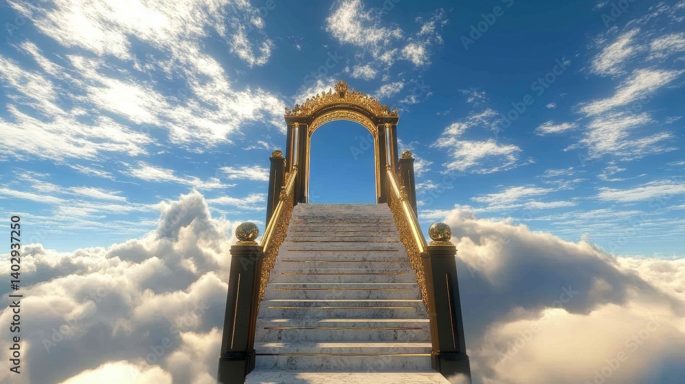 Stairway to heaven concept with golden gate and fluffy clouds background heaven gate towards sky