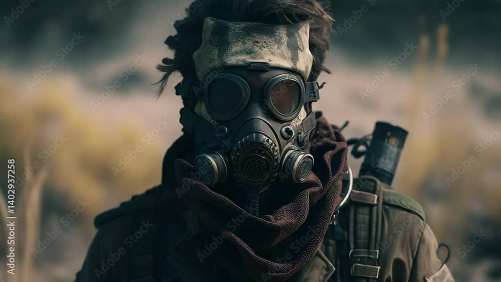 A lone figure in a gas mask stands amidst a desolate landscape, evoking survival themes and resilience A lone figure in a gas mask stands amidst a desolate landscape, evoking survival themes and resilience