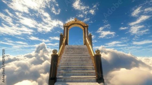 Obraz na płótnie Stairway to heaven concept with golden gate and fluffy clouds background heaven gate towards sky w salonie