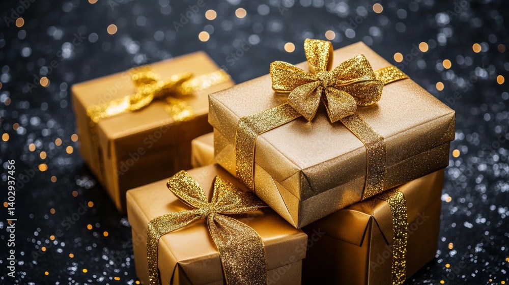 Elegant golden gift boxes with shiny ribbons on a dark background perfect for festive season celebrations and luxurious presents