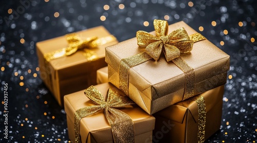 Obraz na płótnie Elegant golden gift boxes with shiny ribbons on a dark background perfect for festive season celebrations and luxurious presents w salonie