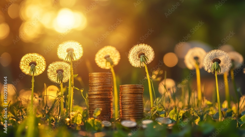 Dandelions transform into coin stacks in golden light symbolizing green finance growth earthy tones meet vibrant green against blurred background