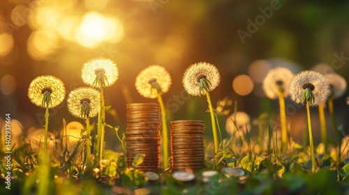 Obraz na płótnie Dandelions transform into coin stacks in golden light symbolizing green finance growth earthy tones meet vibrant green against blurred background w salonie