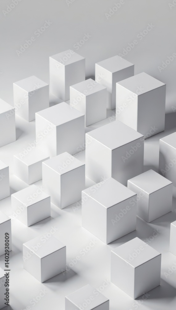 Randomly arranged white cube boxes fill empty space, interior decor, abstract wallpaper Randomly arranged white cube boxes fill empty space, interior decor, abstract wallpaper