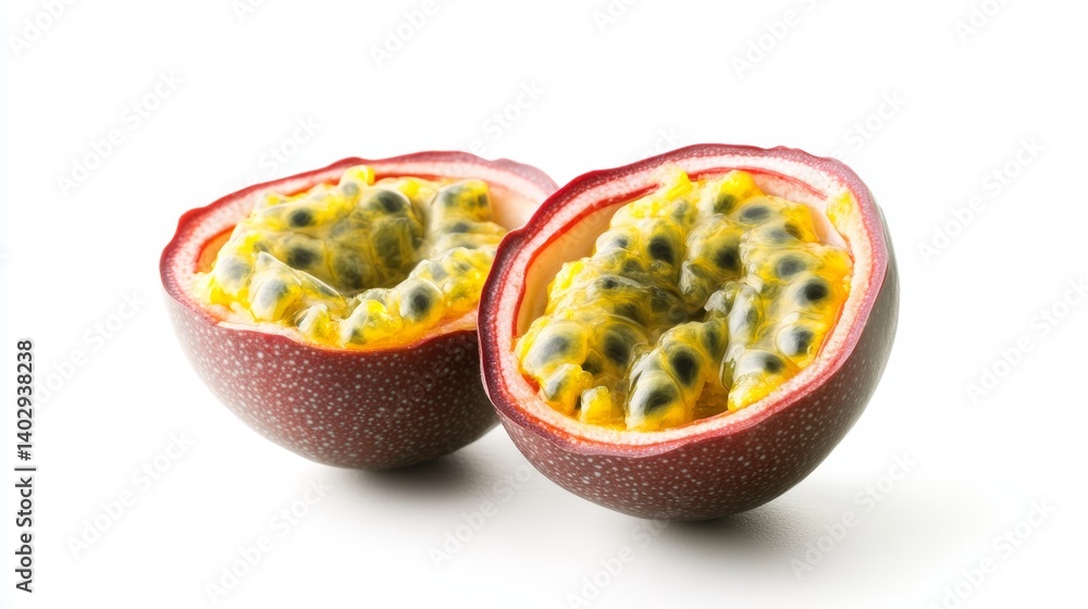 Halved passion fruit showing pulp and seeds against white background offering vibrant colorful detail ideal for food blogs recipe illustrations or tropical fruit promotions
