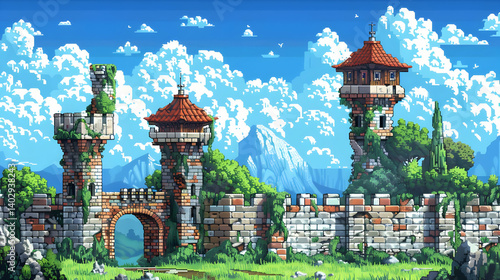 Pixel Art Landscape Featuring an Old Ruined Stone Castle Wall and Towers with Green Grass and Blue Sky
