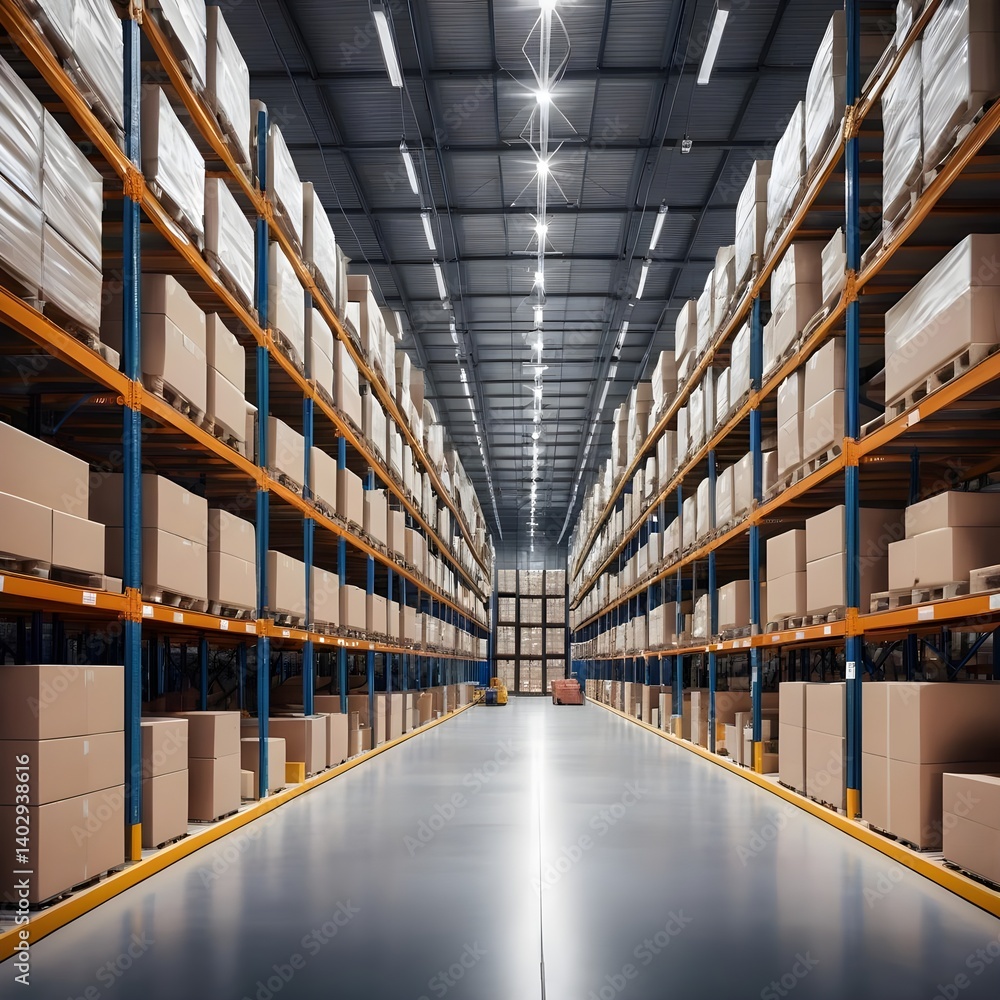 Fototapeta premium Modern Warehouse Interior with High Shelves and Cardboard Boxes