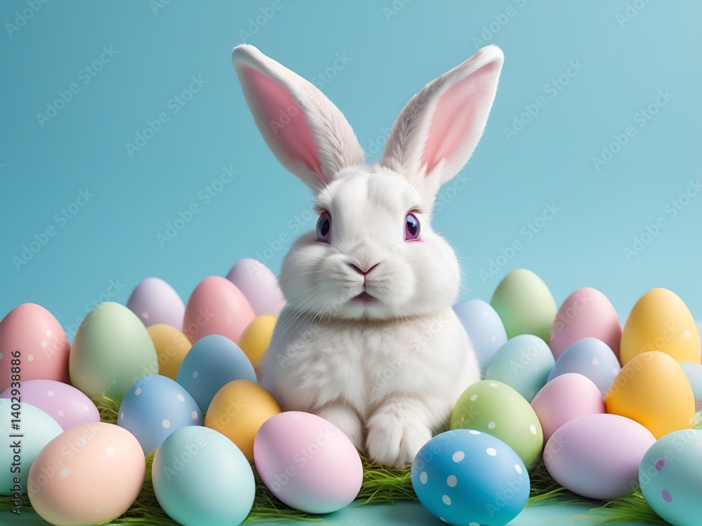 Obraz premium White Easter Bunny Surrounded by Colourful Eggs