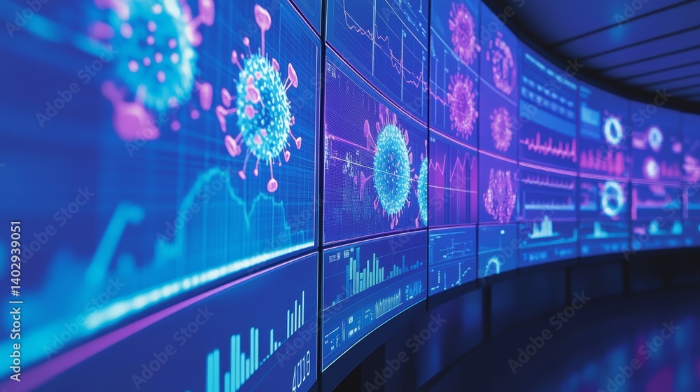 Virus simulation analysis on multiple screens showing vibrant graphs in a high tech research laboratory with blue color background