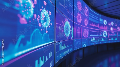 Obraz na płótnie Virus simulation analysis on multiple screens showing vibrant graphs in a high tech research laboratory with blue color background w salonie