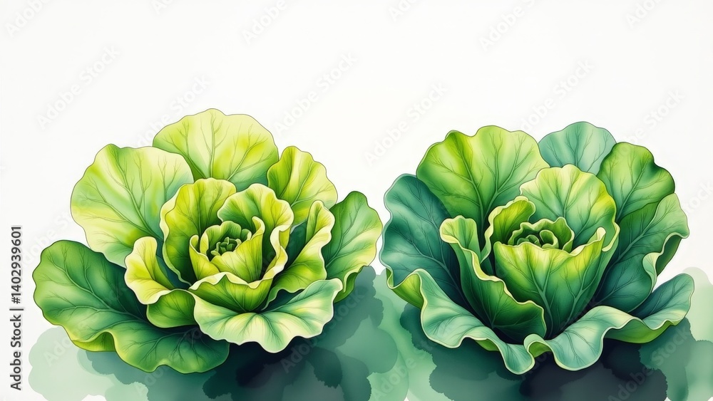 Fototapeta premium Fresh Watercolor Lettuce Leaves on White Background for Culinary and Farm Use