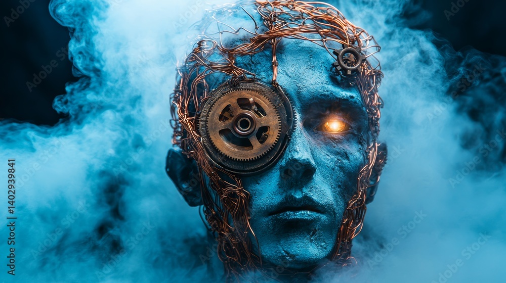 Steampunk cyborg head with glowing eye copper wiring and intricate gears against a smoky background