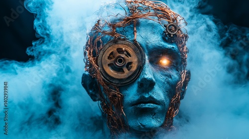 Obraz na płótnie Steampunk cyborg head with glowing eye copper wiring and intricate gears against a smoky background w salonie