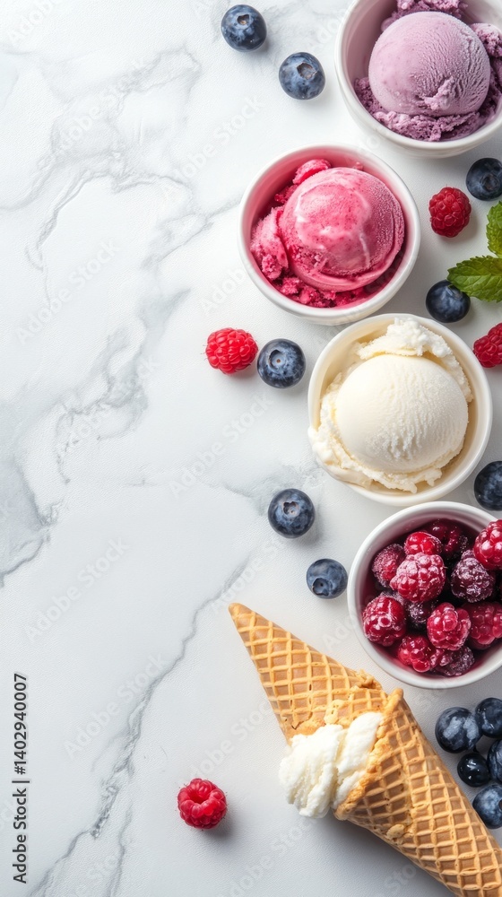 Fototapeta premium Colorful ice cream with berries, great for cafe menus, dessert blogs.