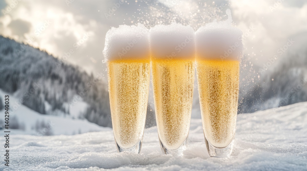 Three glasses of winter cheer: sparkling beverage with snow background