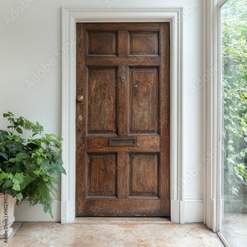Vintage wooden door with brass details and lush indoor plant in welcoming entryway