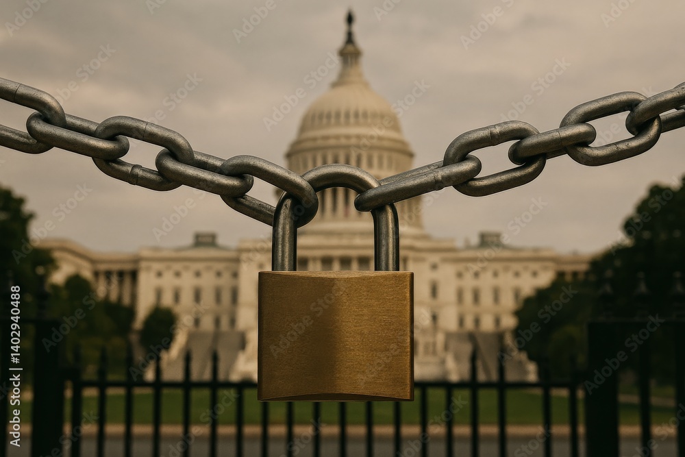 Naklejka premium A close-up of a large chain and padlock secures a gate in front of the Capitol building, emphasizing security measures during political events in Washington DC