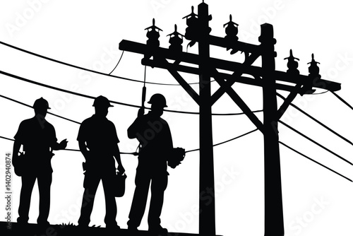 Silhouette Of Electricians Working On Power Lines Safety And Infrastructure Maintenance In Black And White Graphic Design, electrician, power lines, electrical worker, silhouette, electricity, lineman