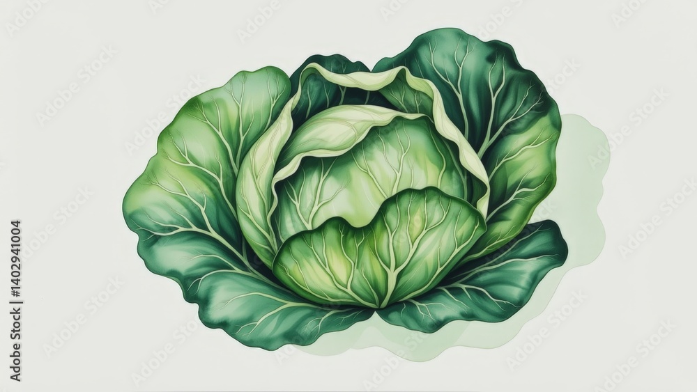 Obraz premium Fresh Green Watercolor Cabbage Illustration with Vibrant Tones and Texture Details