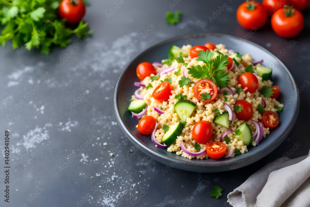 Fresh and Colorful Couscous Salad with Tomatoes, Cucumbers, and Herbs. Fresh and Colorful Couscous Salad with Tomatoes, Cucumbers, and Herbs.