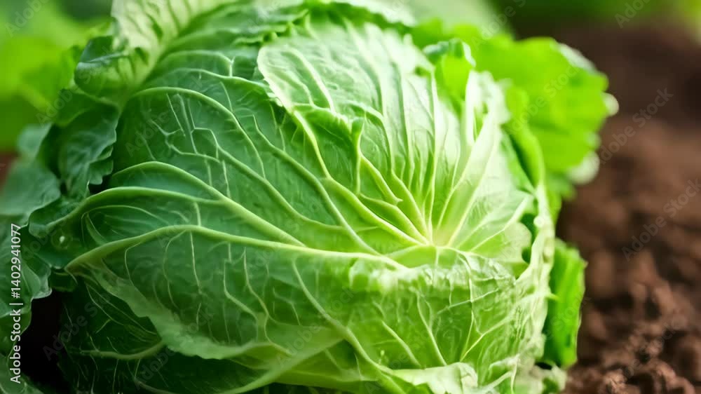 Close-up of a vibrant green cabbage head in a garden, concept for healthy eating, farm-to-table recipes, and vegetarian cuisine Close-up of a vibrant green cabbage head in a garden, concept for healthy eating, farm-to-table recipes, and vegetarian cuisine