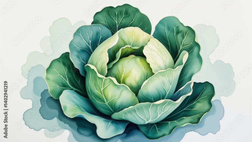 Fototapeta premium Fresh Green Watercolor Cabbage Artwork with Vibrant Tones and Detailed Texture