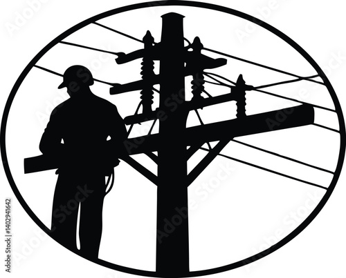 Silhouette Of Lineman Working On Utility Pole With Power Lines In A Circle Design, lineman, utility worker, power lines, electricity, silhouette, vector, illustration, black and white, electrician