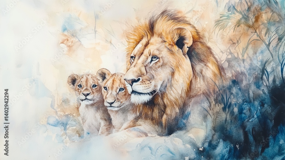 Lion family 1 2 3 watercolor painting dreamy background in soft pastel colors and abstract foliage cute lions african wildlife art