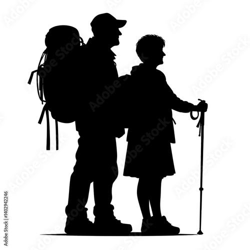 Elderly couple hiking with backpacks silhouette