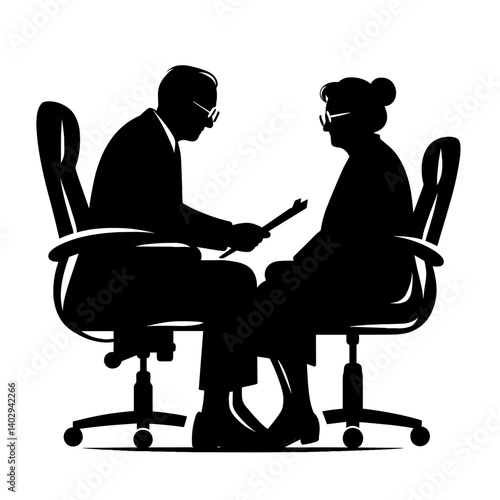  Elderly couple in office chairs discussing silhouette