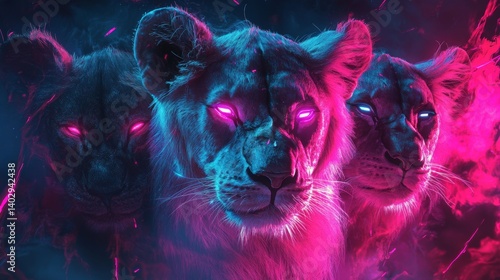 Obraz na płótnie 3 lions family portrait: neon cyberpunk art with glowing details w salonie