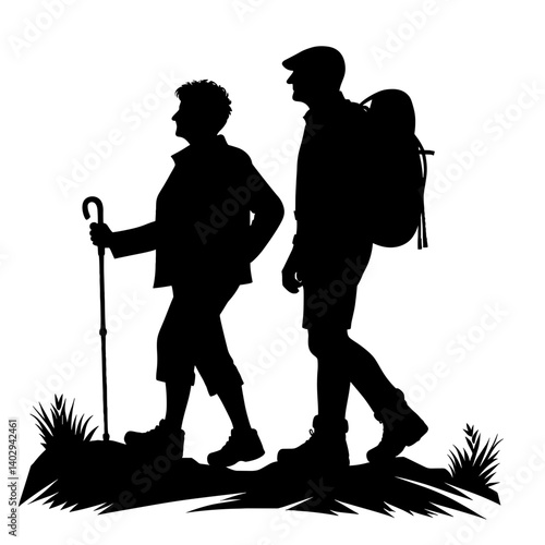 Elderly couple hiking together silhouette illustration