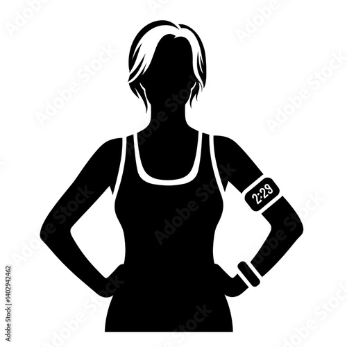 Elderly woman in sportswear with fitness tracker silhouette