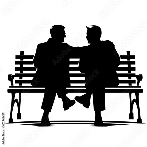 Two elderly men talking on bench silhouette illustration