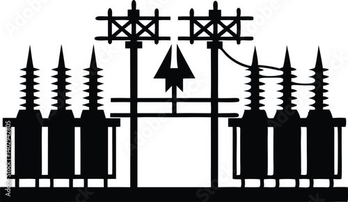 Black Silhouette Of Electrical Substation With Transformers And Power Lines In A Simple Isolated Design, electrical substation, electricity, power, transformer, transmission, distribution, energy