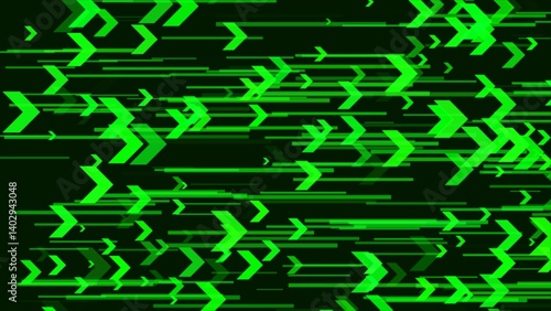 Seamless loop. Green neon glowing arrows motion. Direction banner. Futuristic light on black background.